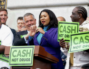 Mayor Breed announcing cash not drugs legislation in San Francisco at press conference